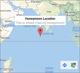 Google map displaying a location pin icon labeled “Honeymoon location” and “This is where I had my honeymoon!” plotted at Laccadive sea.